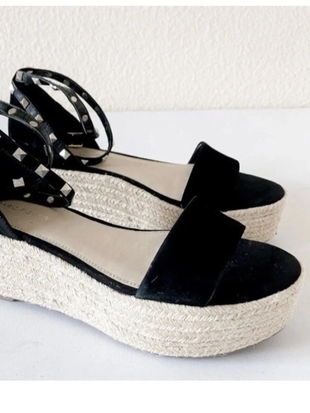 Marc Fisher Jazlyn Women 9.5 Black Suede Sexy Studded Strap Espadrilles
